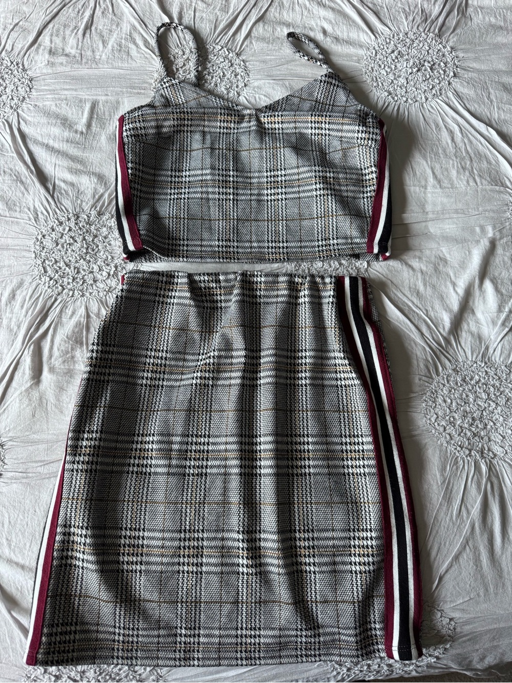 Guess Plaid Two-Piece Crop Top and Skirt Set in Gray with Burgundy Trim